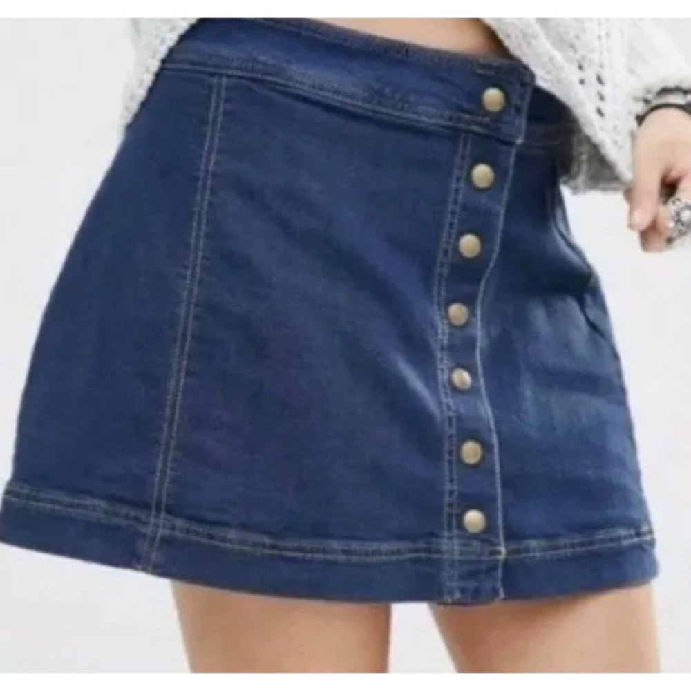 Free People Dark Wash Snap Up Denim Mini Skirt